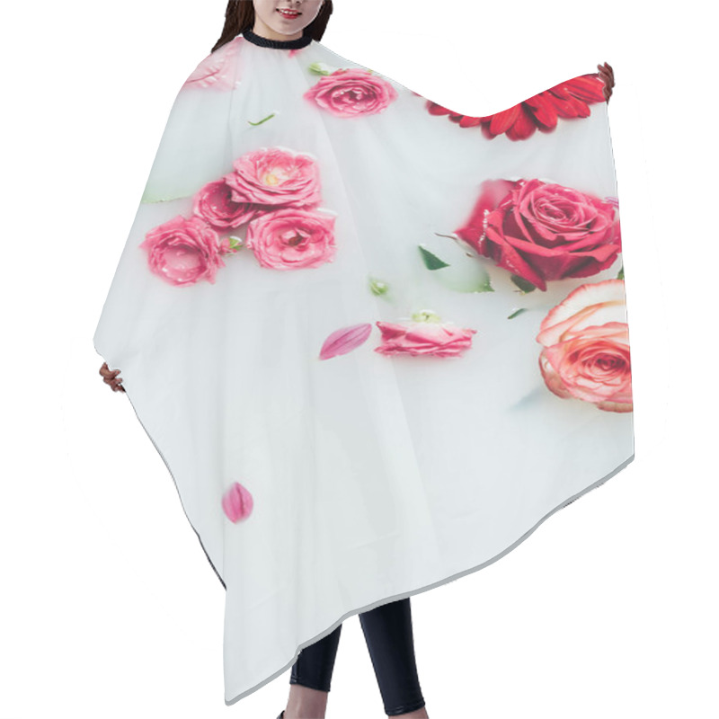 Personality  Top View Of Beautiful Roses And Gerbera Flowers In Milk Backdrop Hair Cutting Cape