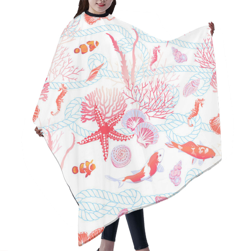 Personality  Underwater World With Fishes, Red Star, Shells, Seahorse, Algae  Hair Cutting Cape