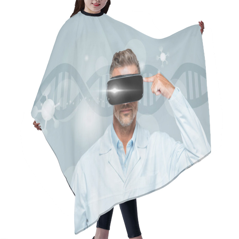 Personality  Scientist  In Virtual Reality Headset Pointing On His Head Isolated On Grey With Dna, Artificial Intelligence Concept Hair Cutting Cape