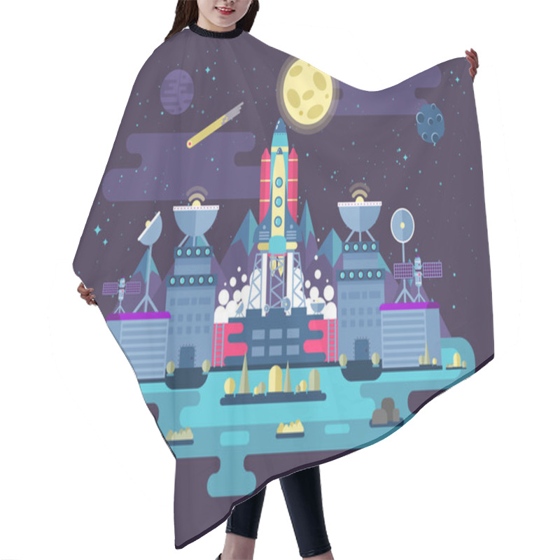 Personality  Illustration The Facade Of The Station Building And Ancillary Facilitieswith Soaring Rocket Into Space For The Expedition  Research On The Background  Open Outer  In Flat Style Hair Cutting Cape