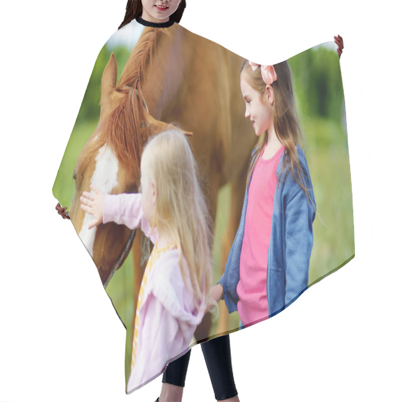 Personality  Sisters Petting Horse At Countryside Hair Cutting Cape