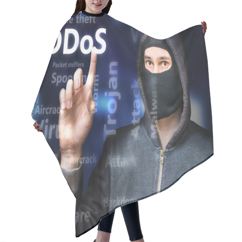 Personality  Masked Anonymous Hacker Is Pointing On DDoS Attack Hair Cutting Cape