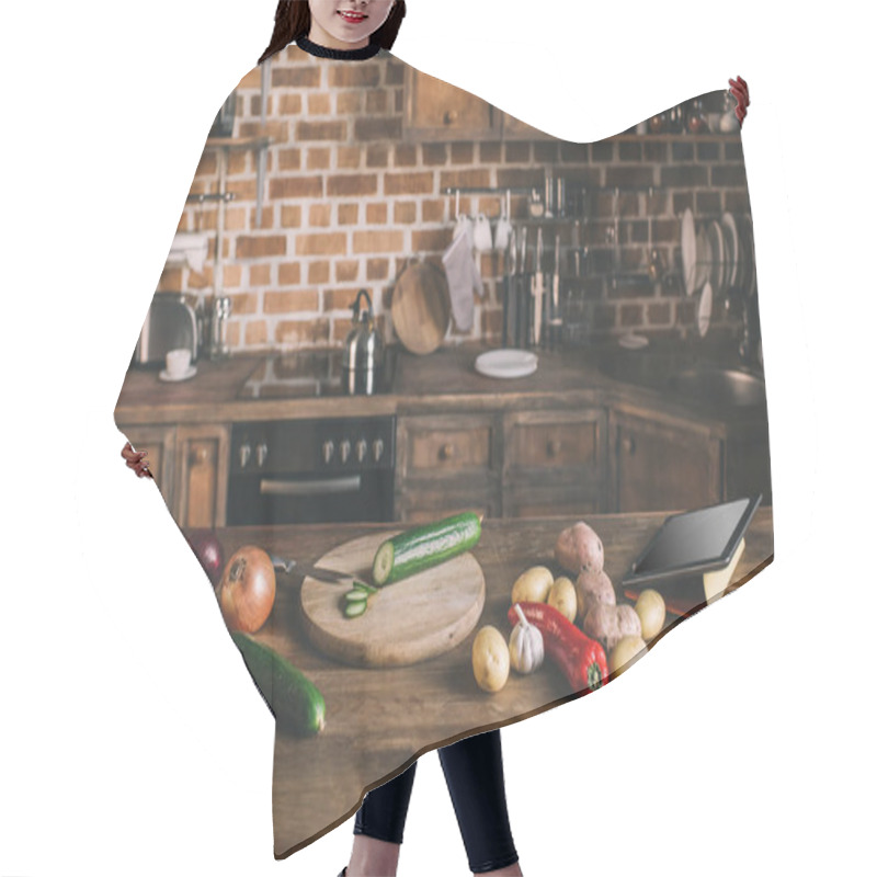 Personality  Raw Vegetables On Kitchen Table Hair Cutting Cape