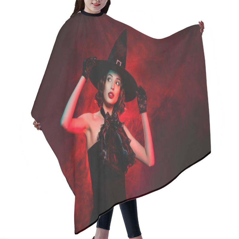 Personality  Photo Of Seduce Creepy Mystic Lady Wear Black Dress Arms Hands Gothic Headwear Isolated Dark Red Smoke Color Background Hair Cutting Cape