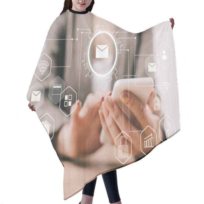 Personality  Cropped View Of Businesswoman Using Smartphone In Office With Email Marketing Icons Hair Cutting Cape