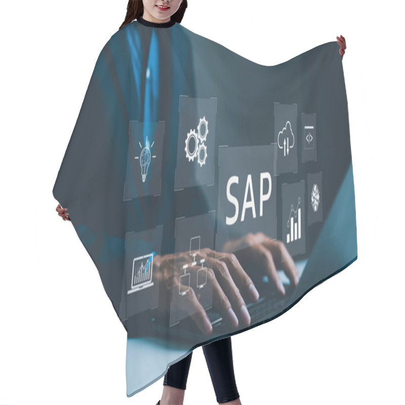 Personality  SAP, Business Process Automation And Management Software Concept. A Businessman Typing On A Laptop With Icons Business Process Automation And Management Software, Including Gears, Charts, And Cloud. Hair Cutting Cape