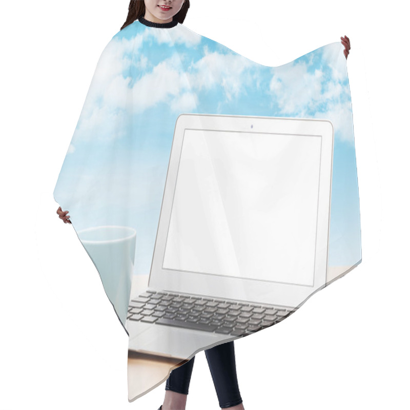 Personality  Laptop With Blank Screen And Cup On Table Hair Cutting Cape