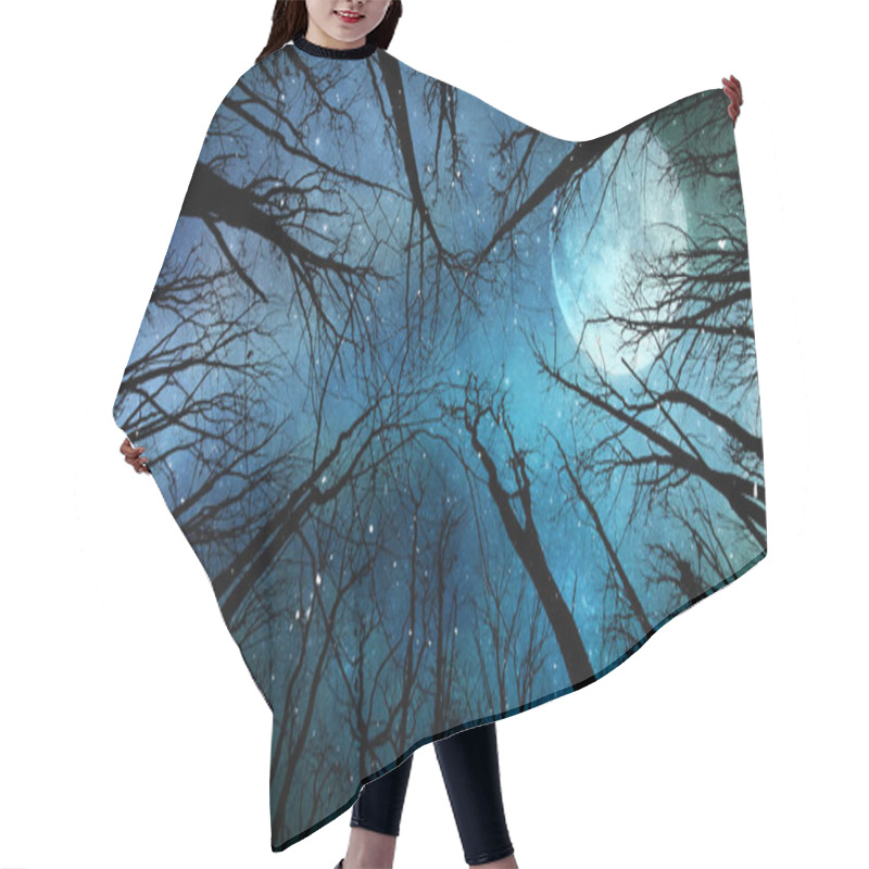 Personality  Moonlight And Snow Through The Trees Features A View Up Toward The Sky Through Silhouetted Tree Branches Looking At A Full Moon, Clouds, And Snow Falling Toward The Viewer, Not A.I. Generated Hair Cutting Cape