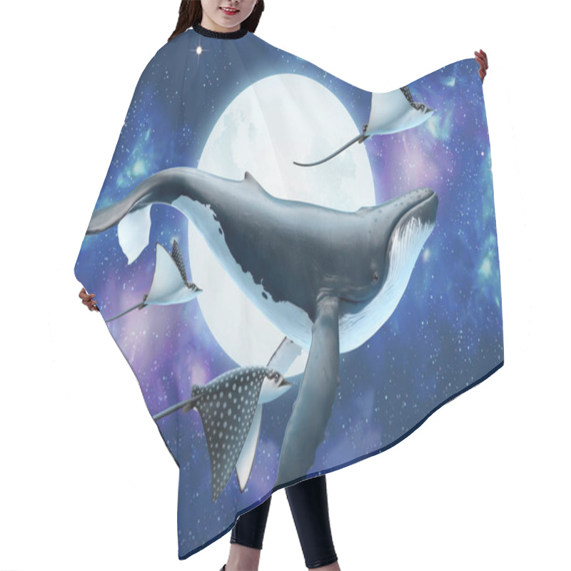 Personality  Surreal Scene Of Humpback Whale With Stingrays Flying Through The Silver Moon In Beautiful Cosmos, 3d Illustration Hair Cutting Cape