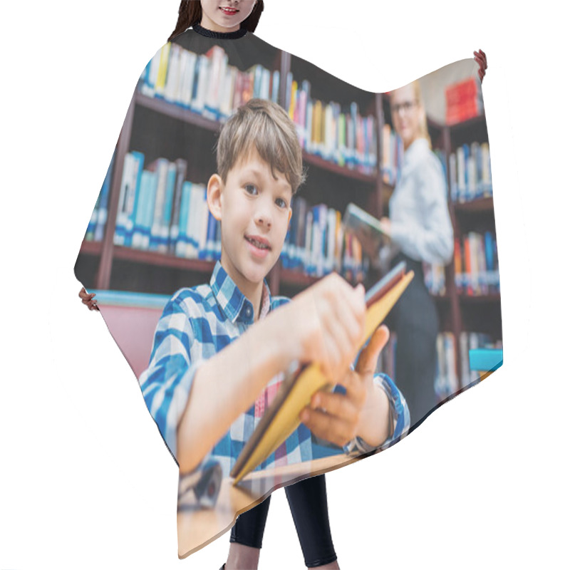 Personality  Schoolboy Holding Tablet In Library Hair Cutting Cape