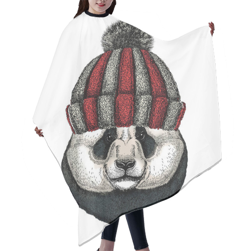 Personality  Big Panda, Bamboo Bear Portrait. Face Of Cute Animal. Bear Head. Knitted Wool Winter Hat. Hair Cutting Cape