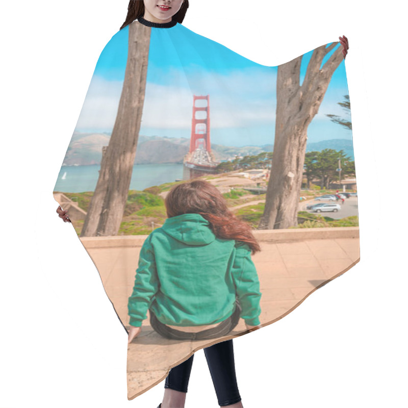 Personality  Rear View Of A Young Brunette Woman Enjoying A View Of The Golden Gate Bridge In San Francisco On A Sunny Day Hair Cutting Cape