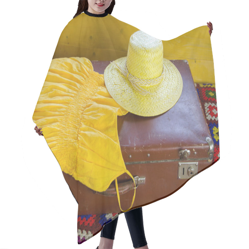 Personality  Yellow Dress And Straw Hat Lying On Old Suitcase Hair Cutting Cape