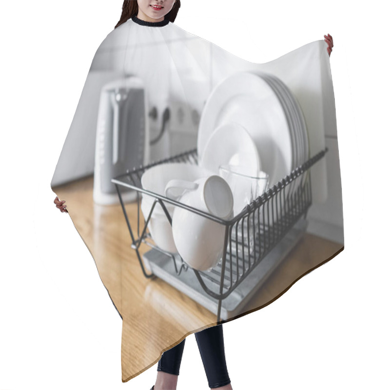 Personality  Budget And Lightweight Antimicrobial Dish Drainer With Drain Board At Modern Scandinavian Kitchen. Dish Rack Holds Many Dishes And Cups Against Wooden Countertop, White Wall Tiles, Sink And Faucet Hair Cutting Cape