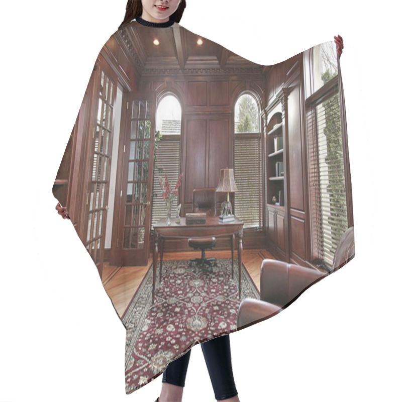 Personality  Library With Cherry Wood Paneling Hair Cutting Cape