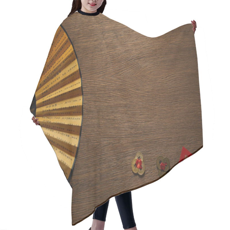 Personality  Top View Of Fan With Hieroglyphs, Golden Coins And Cup Of Tea On Wooden Table Hair Cutting Cape