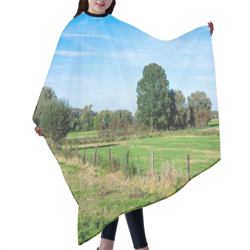 Personality  Diagonal Fence In The Green Fields Of The Agriculture Fields Around Aspelare, East Flemish Region, Belgium Hair Cutting Cape