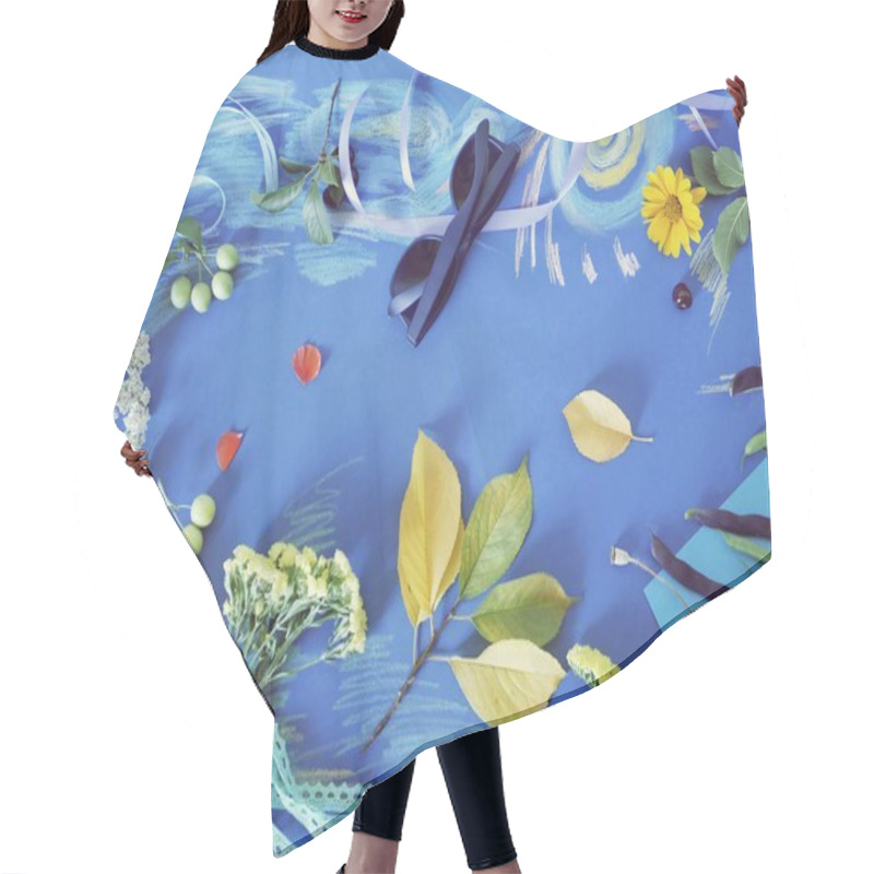 Personality  Summer Seasonal Composition Of Fresh Flowers, Leaves And Fruits On A Blue Background, Top View Hair Cutting Cape