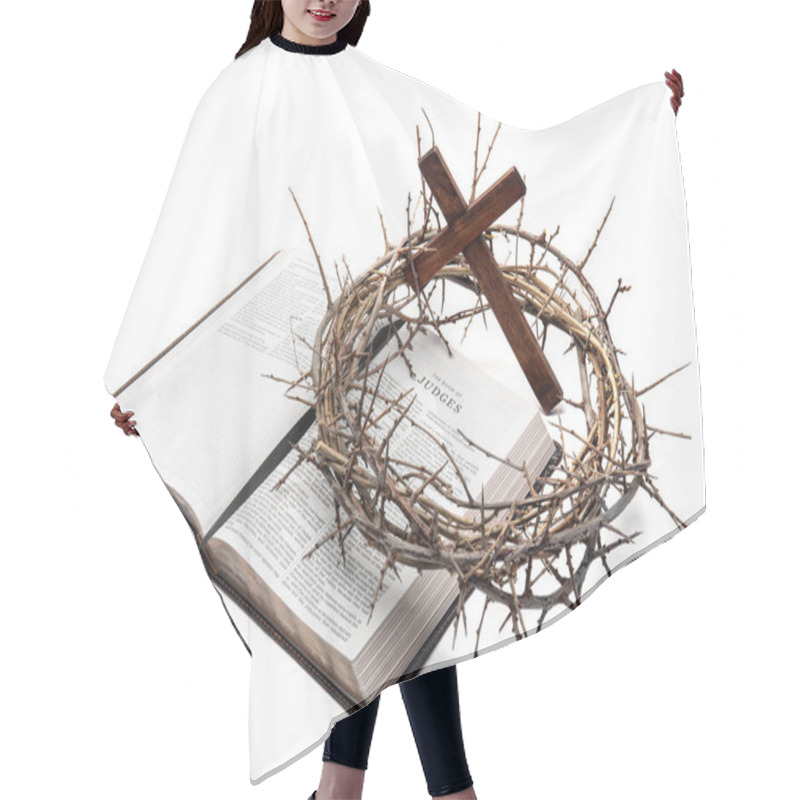 Personality  Crown Of Thorns With Holy Bible And Cross On White Background Hair Cutting Cape