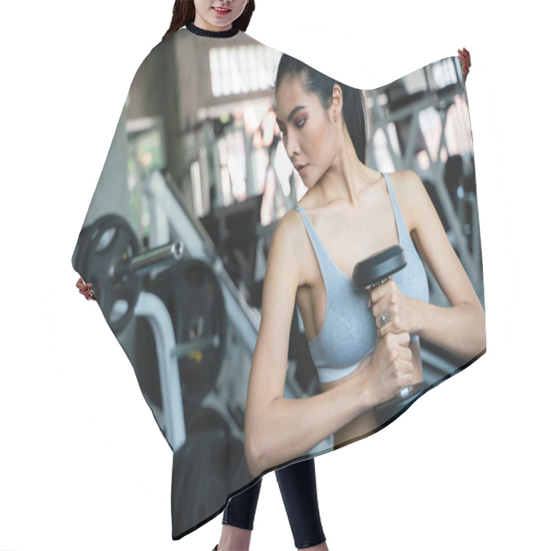 Personality  Wellbeing Smart Asian Sport Women Lifting Dumbbell In Gym Hair Cutting Cape