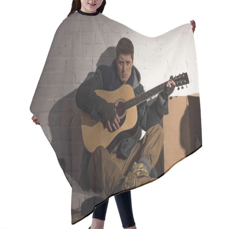 Personality  Sad Homeless Man Playing Acoustic Guitar Near White Brick Wall Hair Cutting Cape