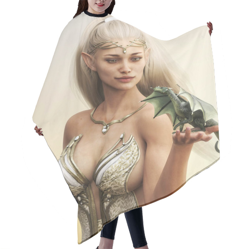 Personality  Portrait Of A Fantasy Wood Elf Female With Long Golden Flowing Hair And Her Mythical Green Dragon .3d Rendering Hair Cutting Cape