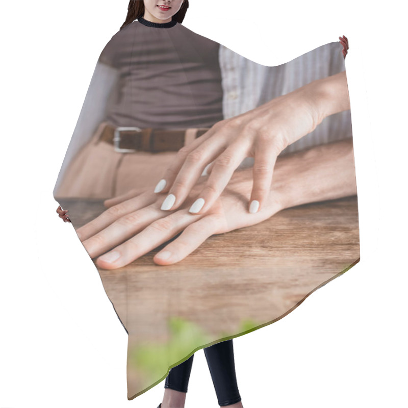 Personality  Cropped View Of Woman Touching Hand Of Boyfriend On Kitchen Table  Hair Cutting Cape