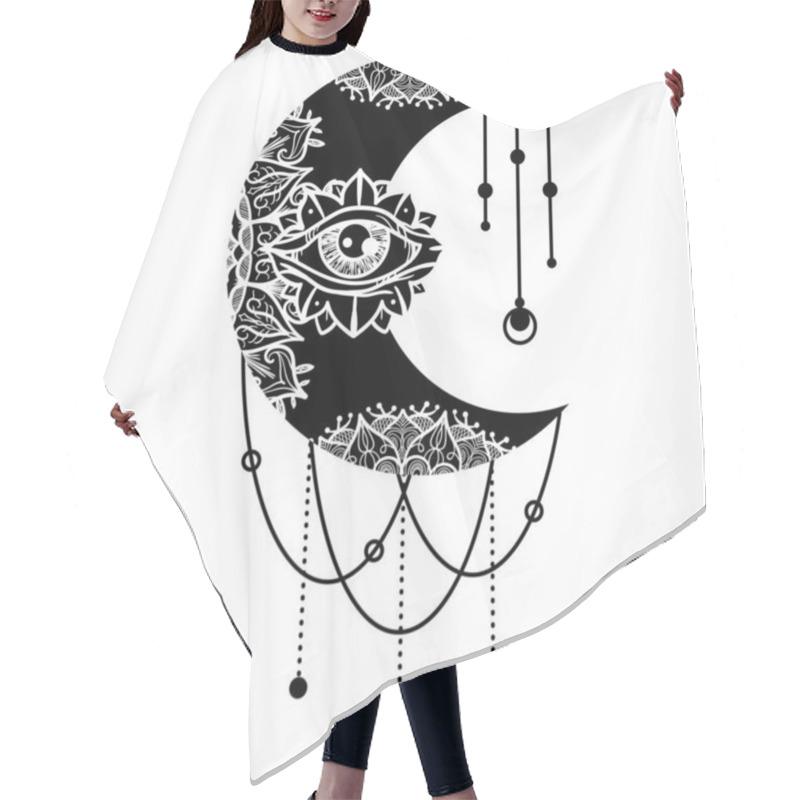 Personality  Mandala With Third Eye Ethnic Mascot. Crescent Moon Contour Symbol. Zentangle Ornament. Thin Line Customizable Illustration. Vector Isolated Outline Drawing. Hair Cutting Cape