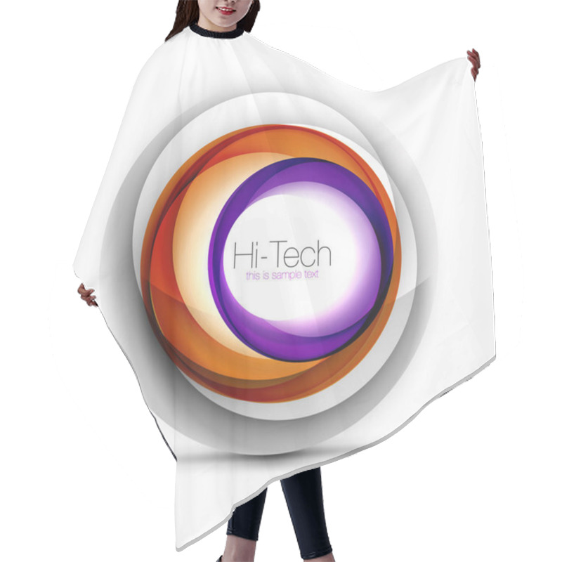 Personality  Digital Techno Sphere Web Banner, Button Or Icon With Text. Glossy Swirl Color Abstract Circle Design, Hi-tech Futuristic Symbol With Color Rings And Grey Metallic Element Hair Cutting Cape