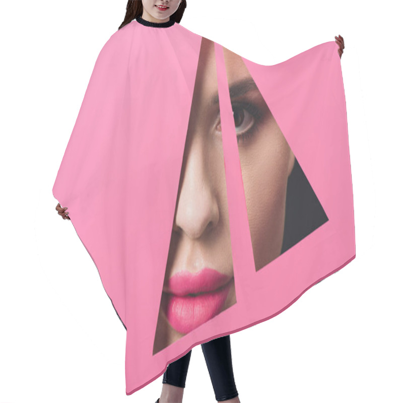 Personality  Girl With Smoky Eyes And Pink Lips Looking At Camera Across Triangular Holes In Paper On Black Hair Cutting Cape