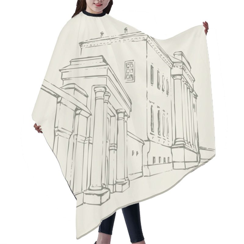 Personality  Vector Sketch. Massive Building With A Colonnade Hair Cutting Cape