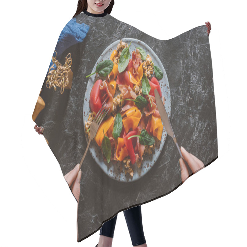 Personality  Cropped Shot Of Person Eating Delicious Salad With Mussels, Vegetables And Jamon   Hair Cutting Cape