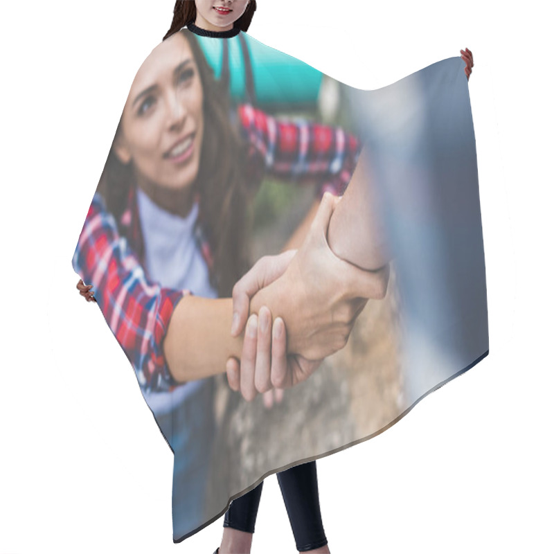 Personality  Man Helping Girlfriend To Climb Rock Hair Cutting Cape