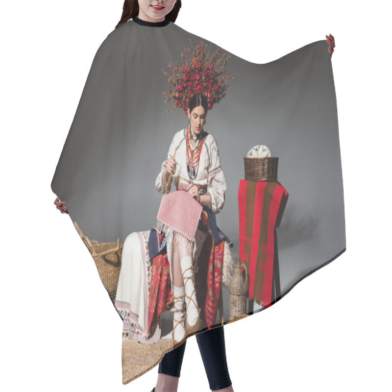 Personality  Full Length Of Ukrainian Woman In Traditional Clothes And Red Floral Wreath Holding Knitting Needles On Dark Grey Hair Cutting Cape