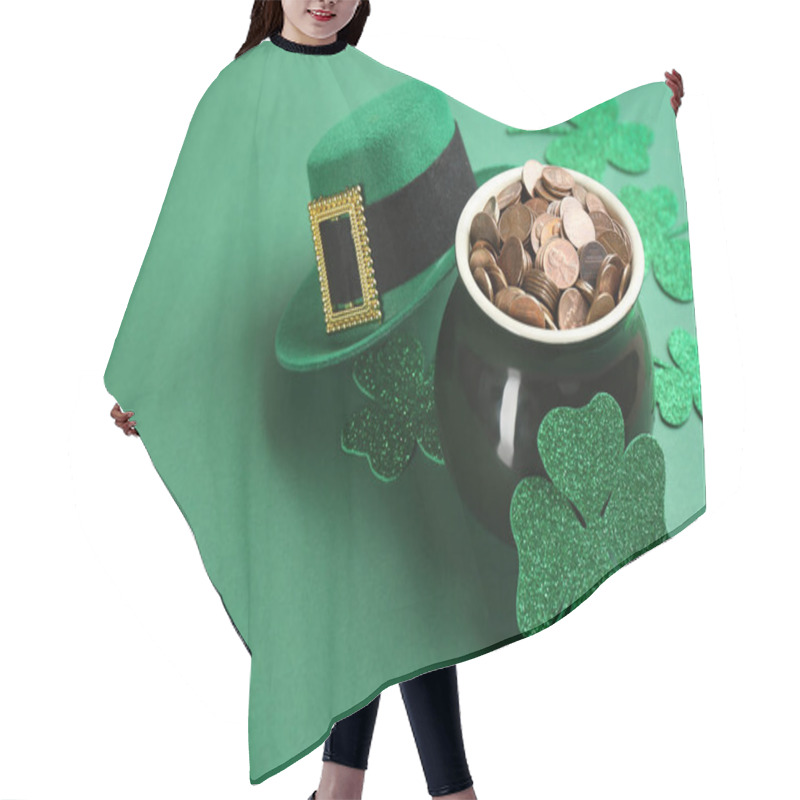 Personality  Pot Of Gold Coins, Hat And Clover Leaves On Green Background, Space For Text. St. Patrick's Day Celebration Hair Cutting Cape