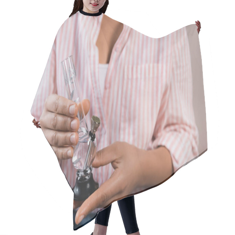 Personality  Cropped View Of African American Woman Holding Glass Bong With Dried Medical Cannabis  Hair Cutting Cape