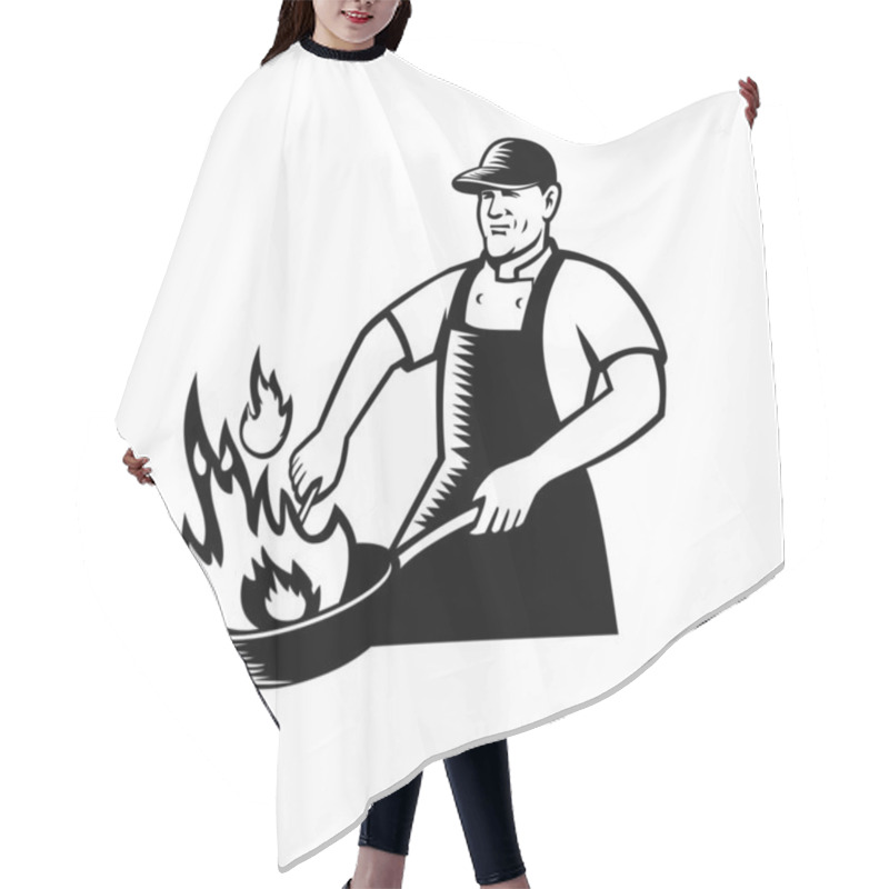 Personality  Black And White Illustration Of A Cook Or Chef Cooking With Flaming Pan Or Wok Viewed From Front On Isolated Background In Retro Style. Hair Cutting Cape