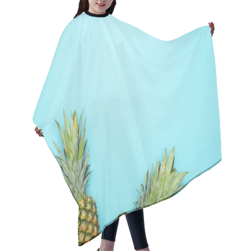 Personality  Top View Of Ripe Pineapples On Blue Background Hair Cutting Cape