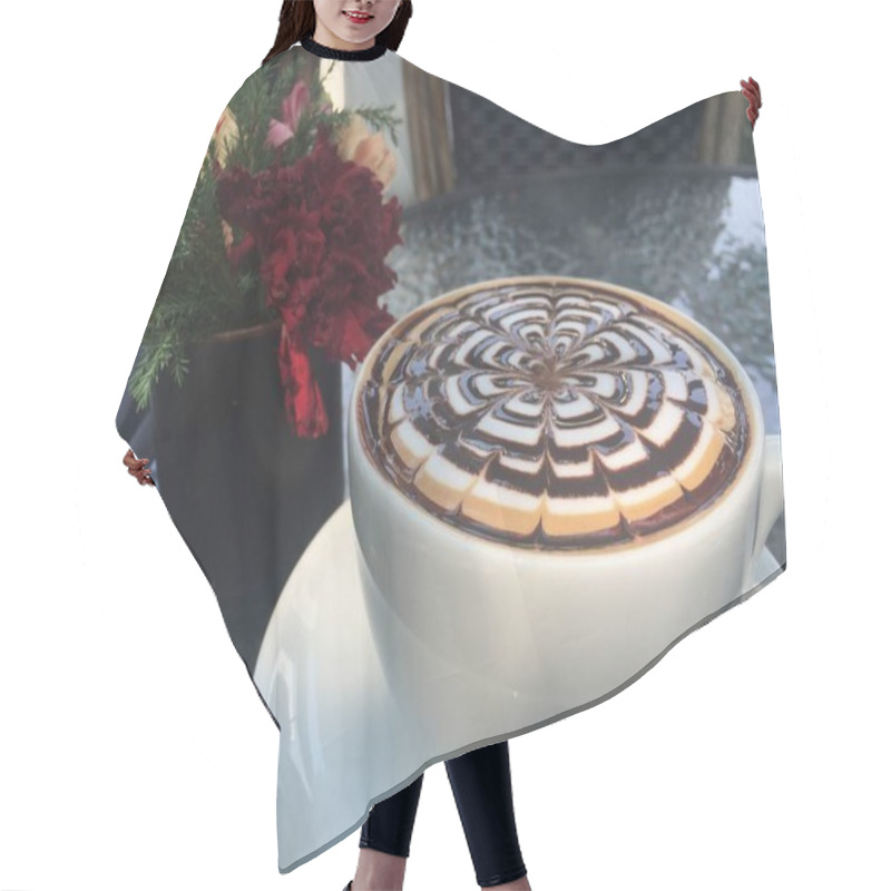 Personality  Beautifully Crafted Coffee Cup With Intricate Latte Art Design,set On A Cafe Table Alongside A Vibrant Floral Bouquet,creating A Cozy And Inviting Cafe Atmosphere. Hair Cutting Cape