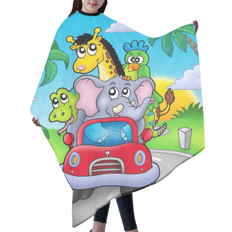 Personality  African Animals In Car On Road Hair Cutting Cape