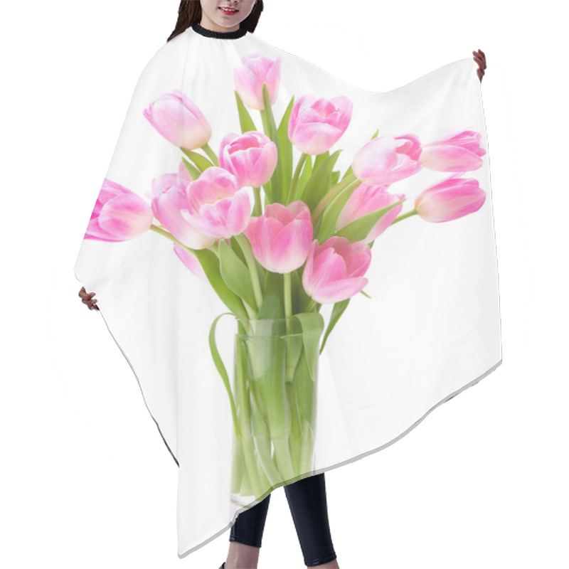 Personality  Pink Tulips Bouquet In Vase Isolated On White Background Hair Cutting Cape