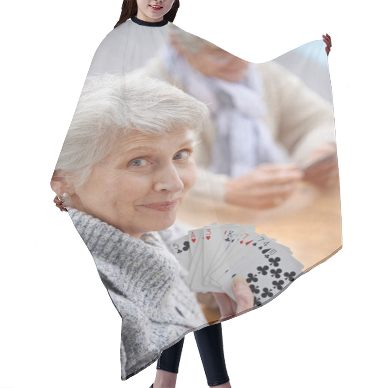 Personality  Helping The Time Pass With Card Games. Shot Of Senior Citizens Playing Cards Together. Hair Cutting Cape