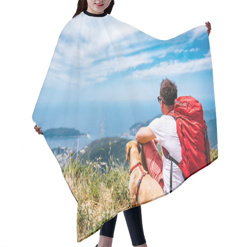 Personality  Man With Red Backpack And Small Yellow Dog Sitting On A Mountain And Looking At Sea Horizon Hair Cutting Cape