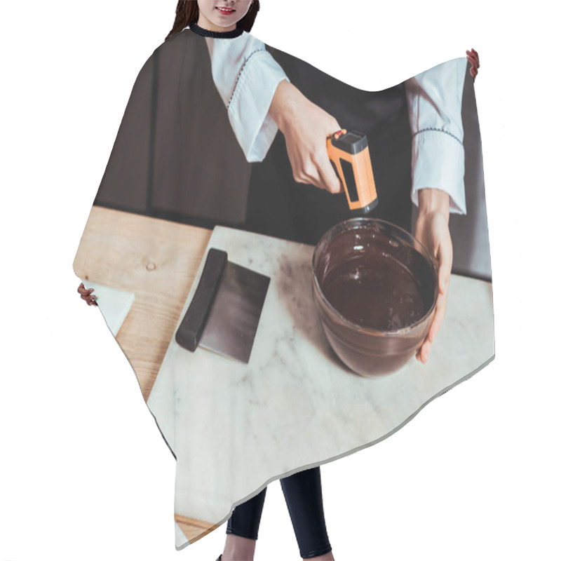 Personality  Cropped View Of Chocolatier Holding Cooking Thermometer Near Bowl With Melted Chocolate  Hair Cutting Cape