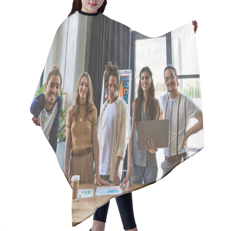 Personality  Professional Headshot Of Team Lead With Laptop And Multiethnic Colleagues Near Work Desk With Graphs Hair Cutting Cape