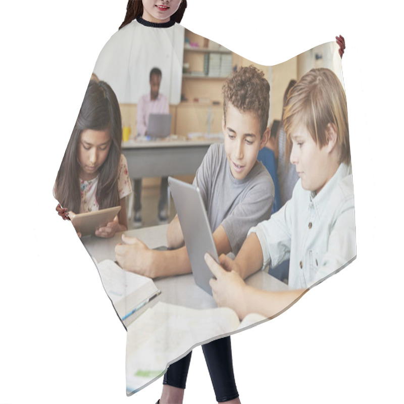 Personality  Schoolboys Working Together With Tablet Computer In Class Hair Cutting Cape