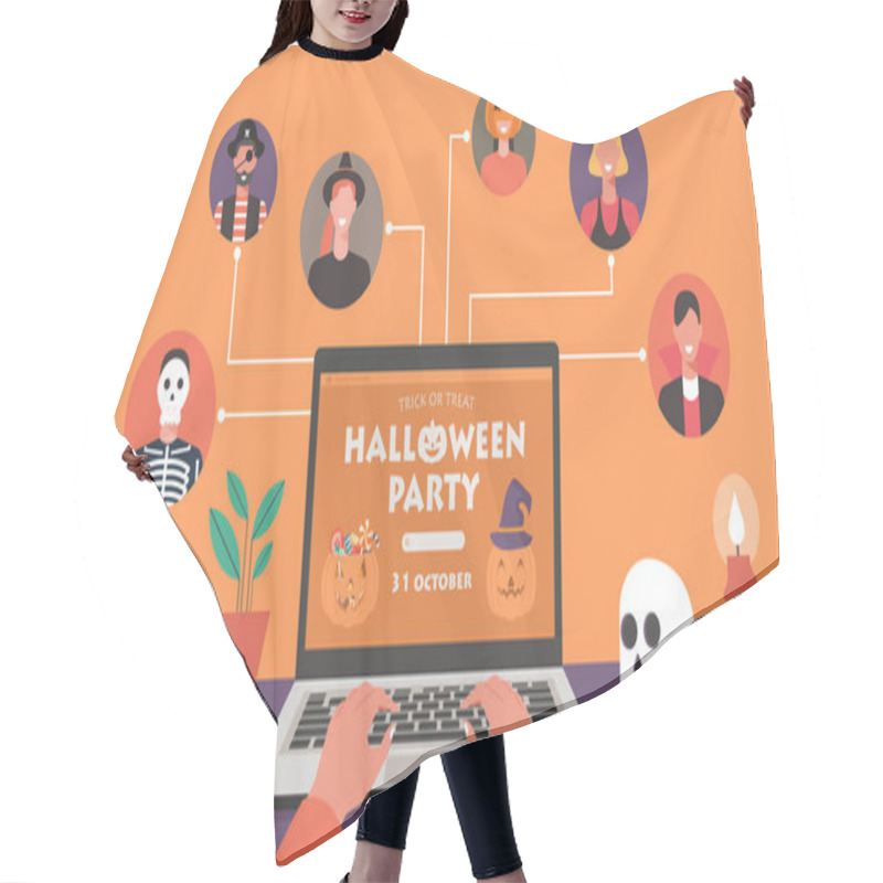 Personality  Online Halloween Party Concept On Laptop Screen, People In Horror Costumes Connecting Together With Video Conference To Celebrate Festival With Skull, And Candle, Flat Illustration Hair Cutting Cape