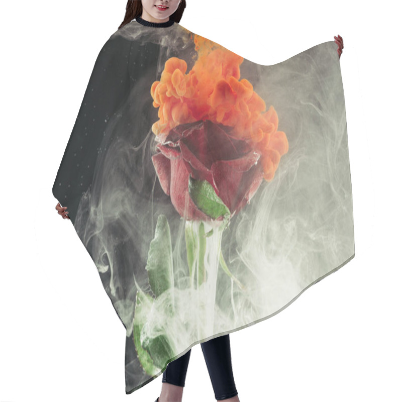 Personality  Close-up View Of Beautiful Red Rose Flower And White And Orange Ink On Black Hair Cutting Cape