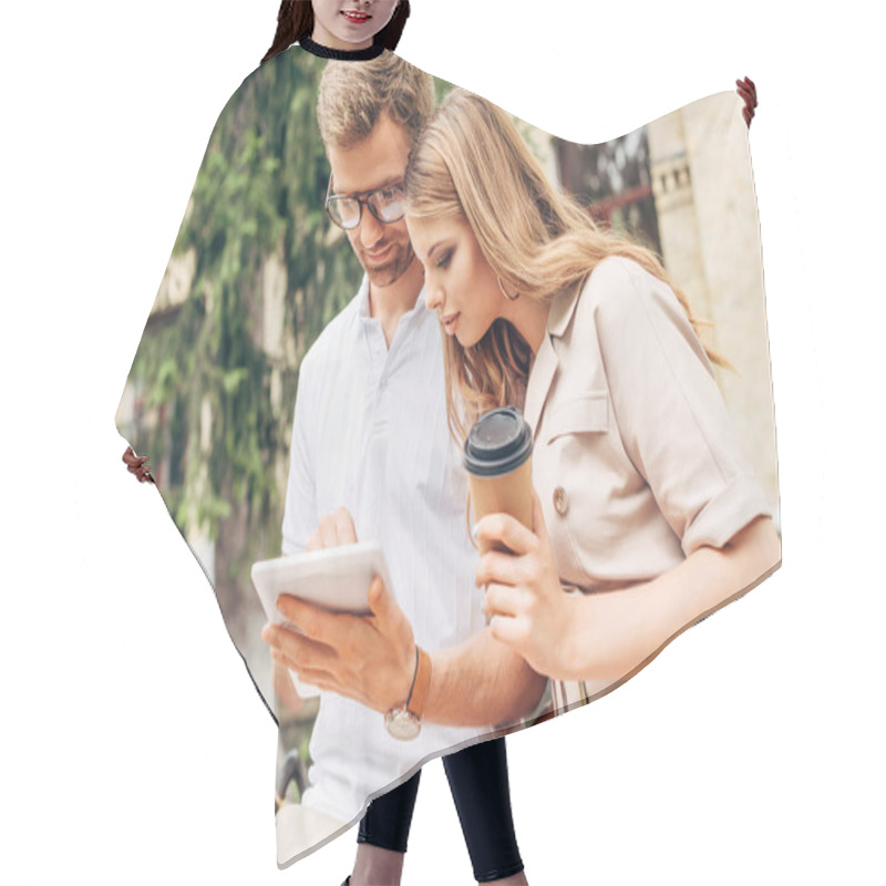 Personality  Stylish Young Couple Using Tablet Together Near Old Building Hair Cutting Cape