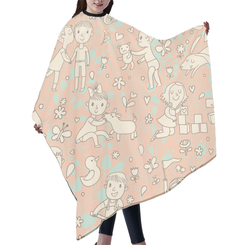 Personality  Funny Seamless Pattern With Little Children Hair Cutting Cape